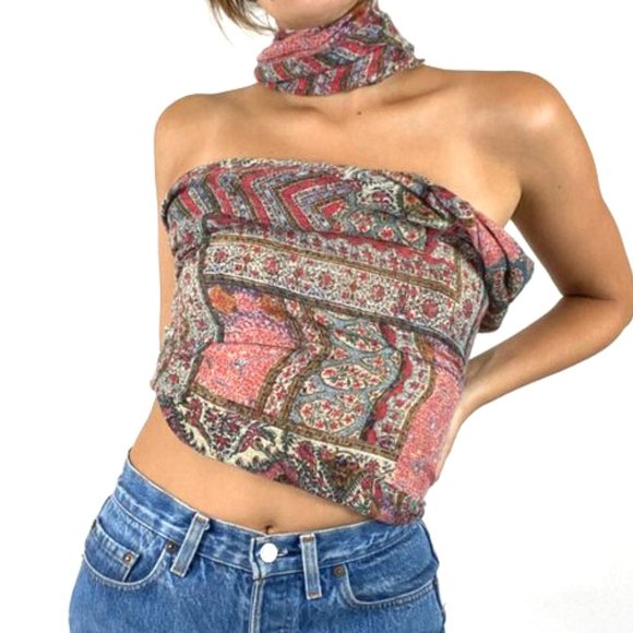 Vintage Paisley Infinity Scarf Halter Crop Top - Picture 2 of 7